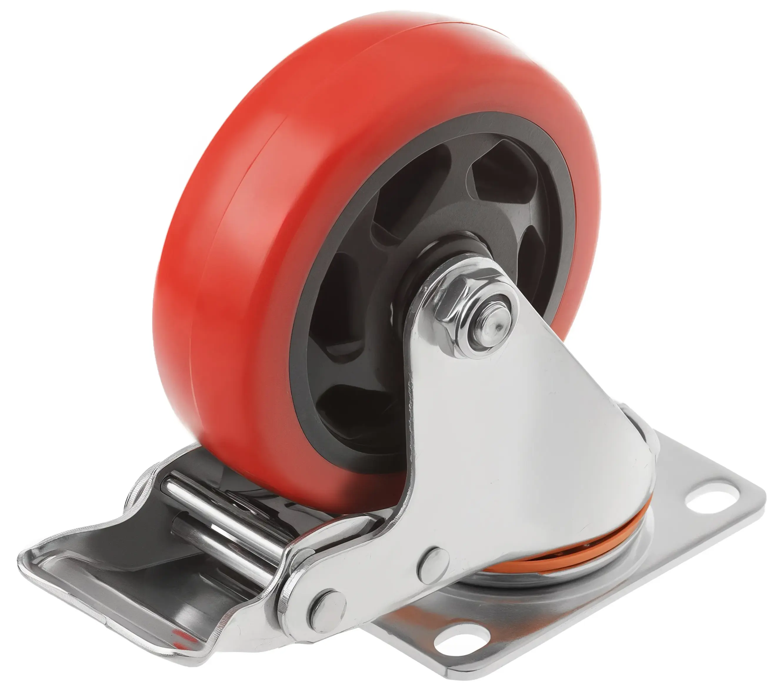 330100Sb - Полипропиленовое красное колесо 100 мм (поворотн.площ, тормоз, двойной шарикоподш.)
