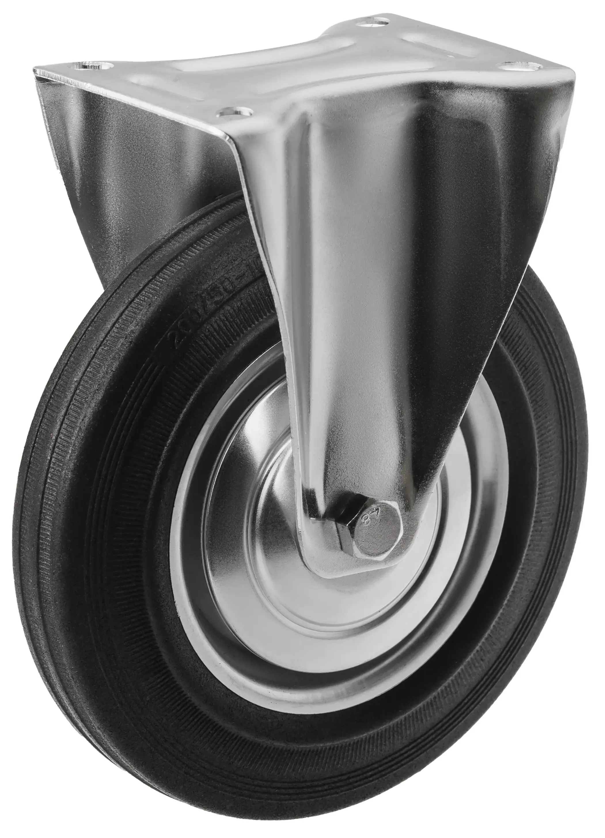 Промышленное колесо, диаметр 200 мм, крепление - неповоротная площадка, черная резина, роликовый подшипник - FC 80