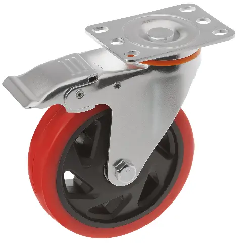 330125Sb - Полиуретановое красное колесо 125 мм (поворотн.площ, тормоз, двойной шарикоподш.)